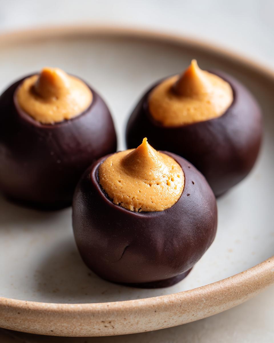 Three homemade peanut butter balls dipped in dark chocolate, showing the creamy peanut butter center piped on top.