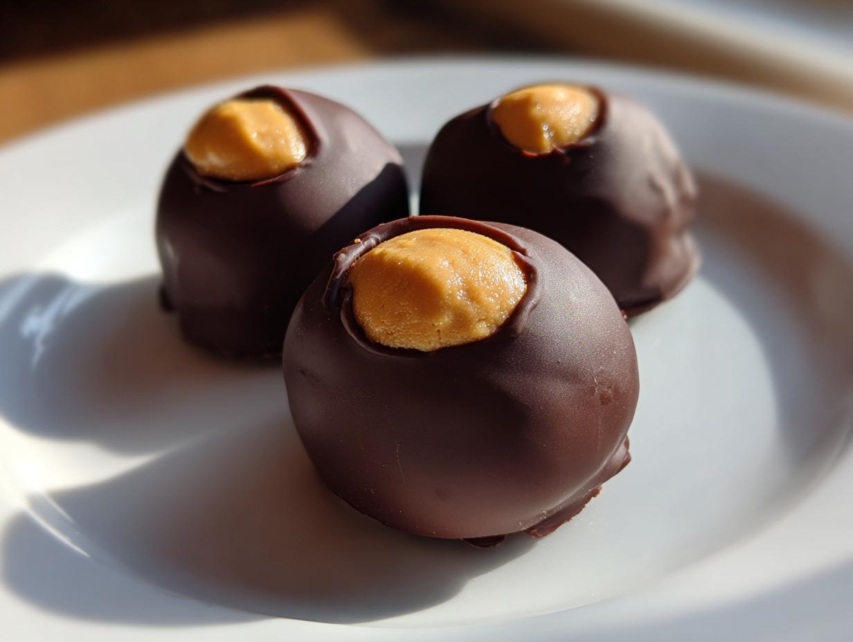 Close-up of three homemade peanut butter balls partially dipped in chocolate, showing the peanut butter center.