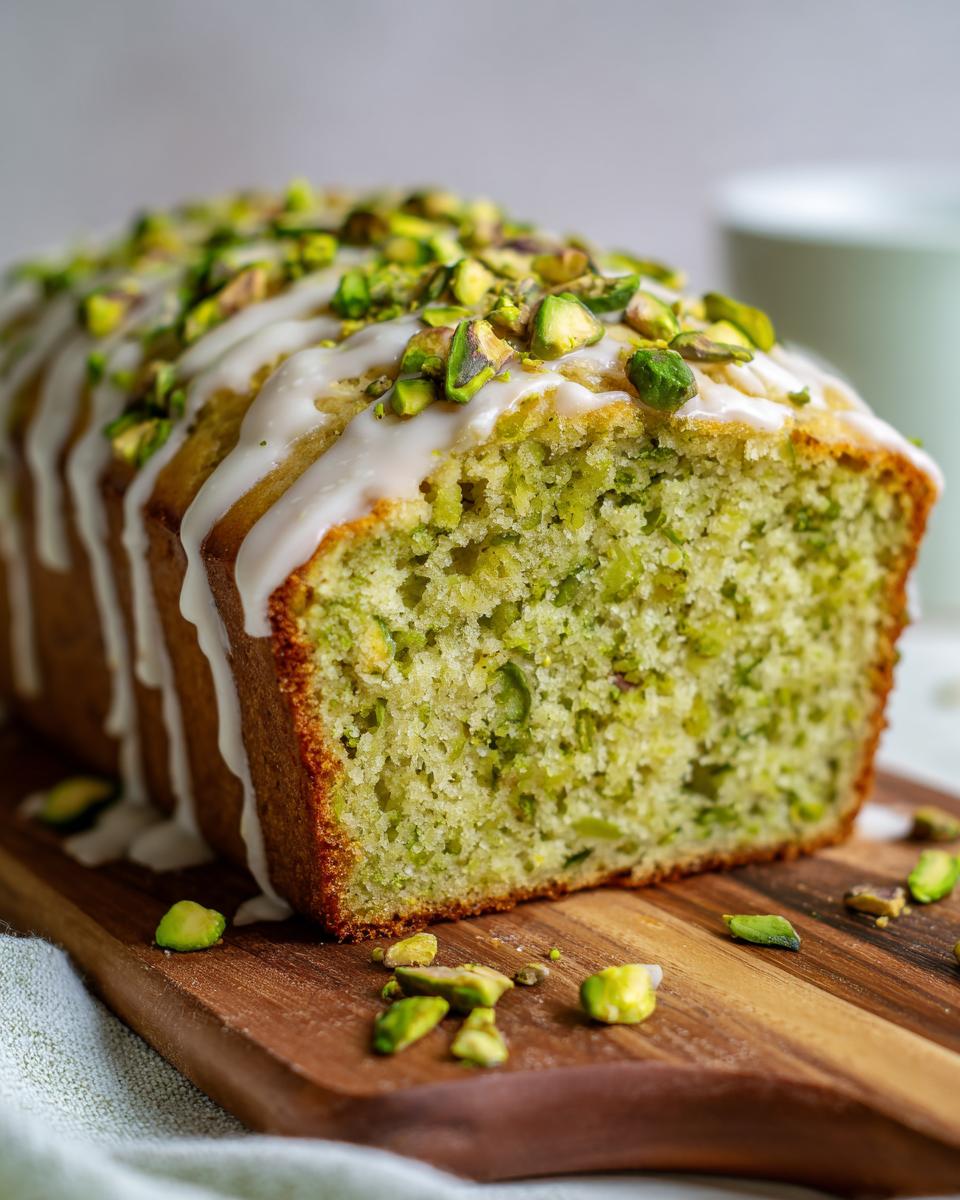 Close-up of a freshly baked pistachio bread loaf, drizzled with white icing and topped with chopped pistachios.