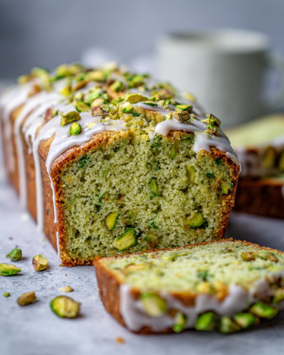 A cross-section of moist pistachio bread topped with white glaze and chopped pistachios.