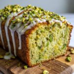Close-up of a freshly baked pistachio bread loaf, sliced to show the green crumb, topped with white glaze and chopped pistachios.