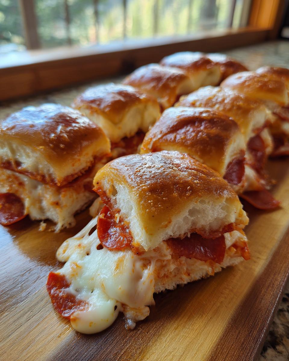 Close-up of freshly baked pizza sliders oozing melted cheese and pepperoni on a wooden board.
