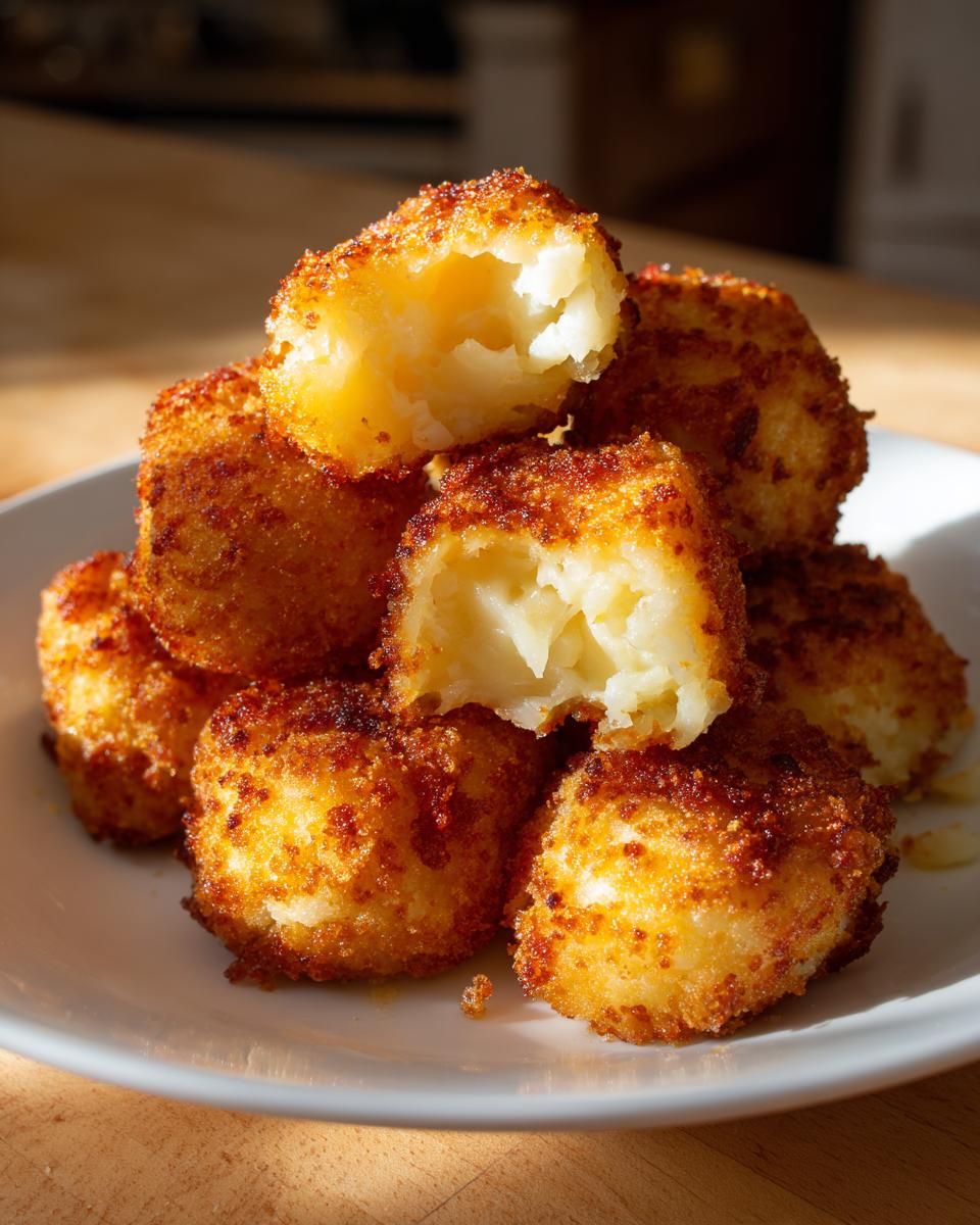 A stack of crispy, golden brown potato croquettes, one broken open to show the fluffy interior.