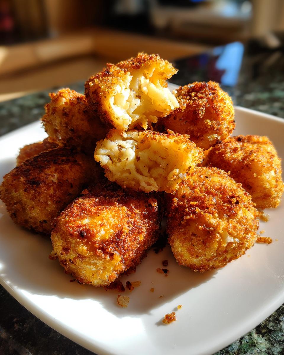 A stack of crispy, golden brown potato croquettes, one broken open to show the fluffy interior.