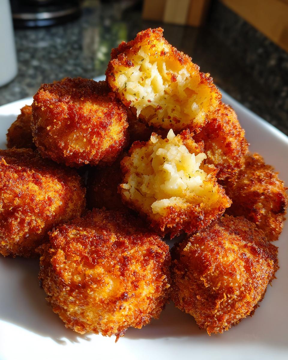 A close-up of several golden brown, crispy potato croquettes piled on a white plate, one is broken open showing the fluffy interior.