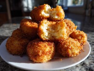 A stack of crispy, golden brown potato croquettes on a white plate, one is broken open showing the fluffy interior.