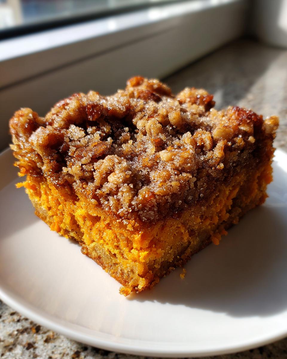 A square slice of bright orange pumpkin crunch cake topped with a sugary, crunchy brown streusel.