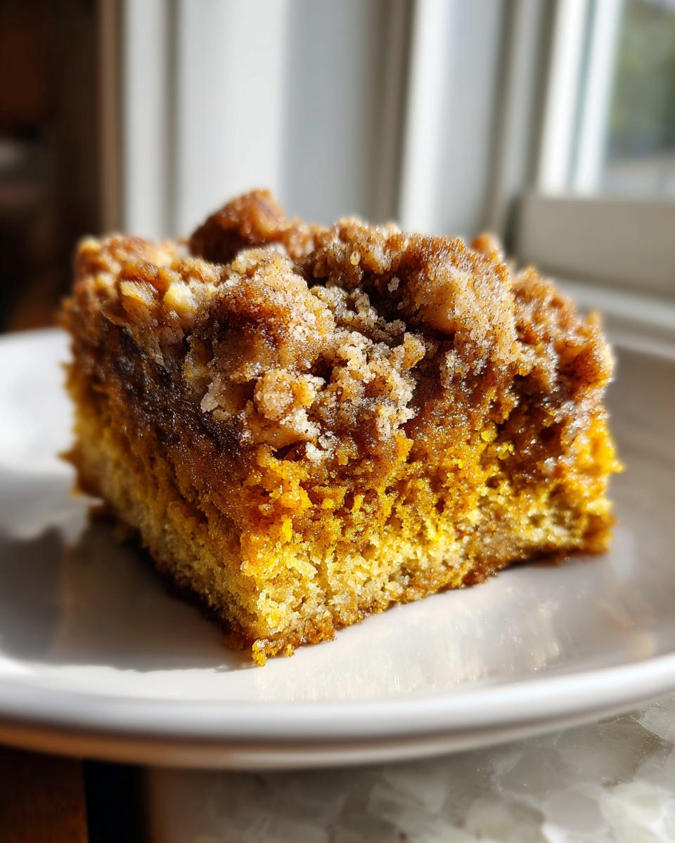 A close-up, sunlit slice of amazing pumpkin crunch cake with a thick, sugary crumble topping.