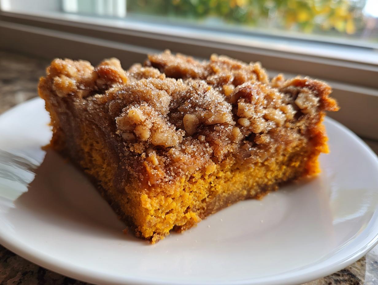 A close-up slice of amazing pumpkin crunch cake with a thick, sugary, nutty topping served on a white plate.