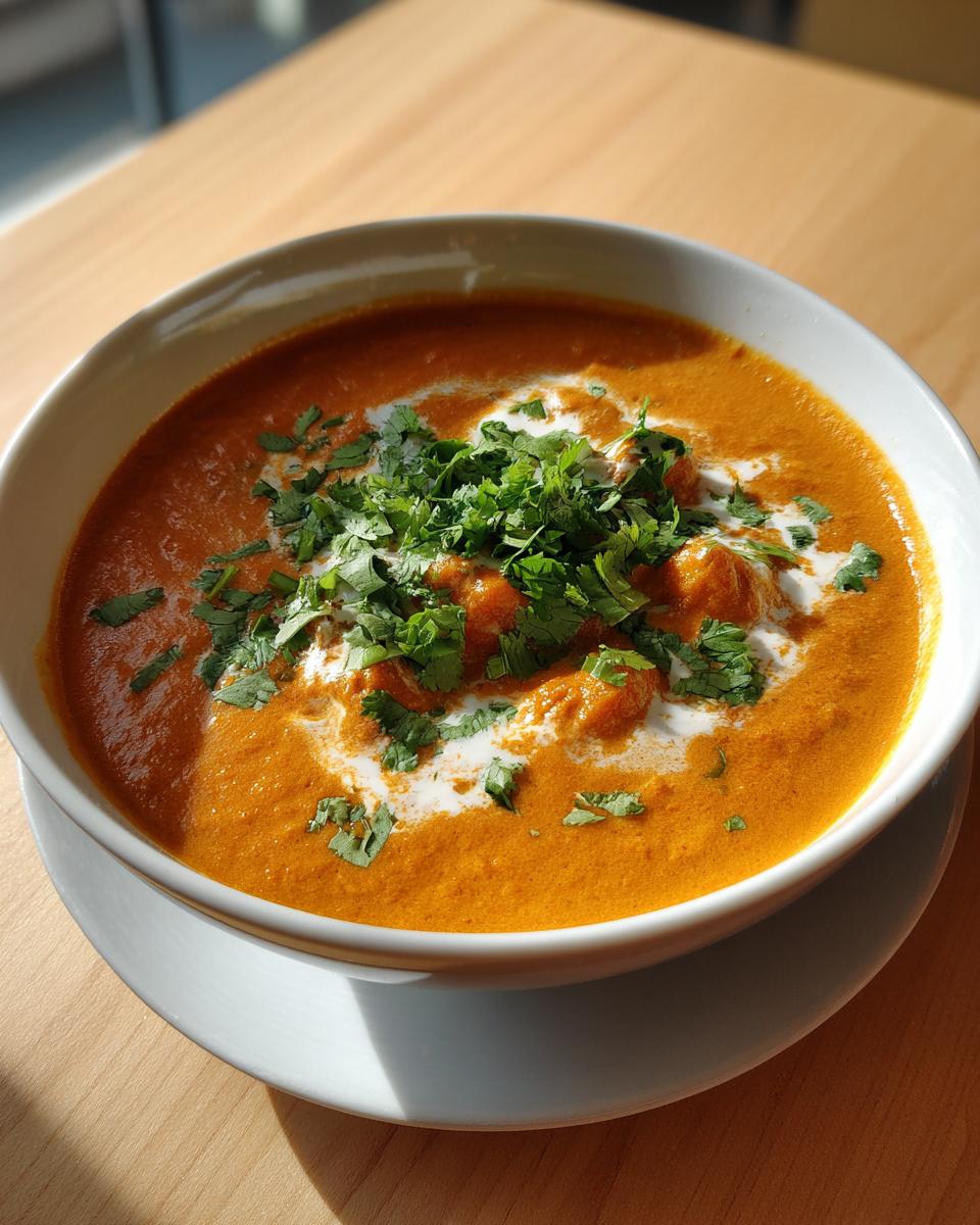 A vibrant bowl of rich orange pumpkin curry, garnished with a swirl of cream and fresh cilantro.