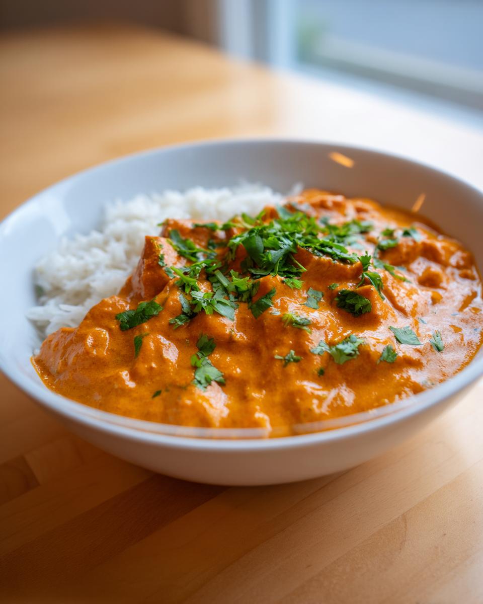 A close-up of a white bowl filled with rich, orange pumpkin curry next to white rice, garnished with fresh cilantro.