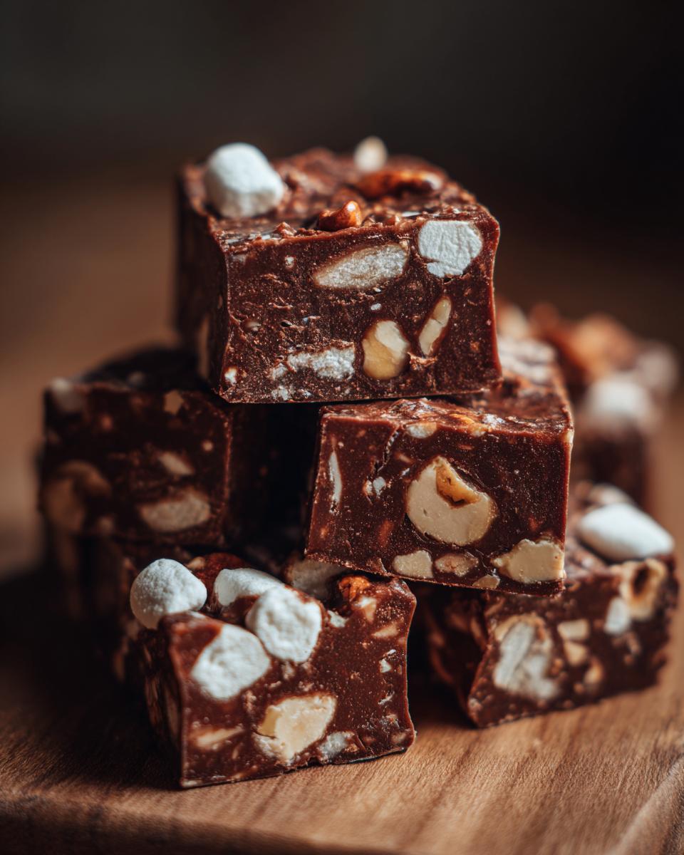Close-up of stacked, decadent rocky road fudge loaded with marshmallows and nuts.