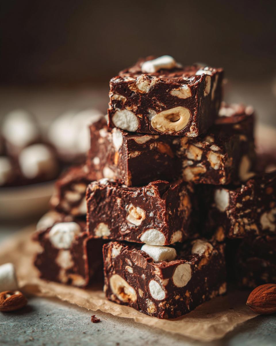 A stack of rich, dark chocolate rocky road fudge squares packed with marshmallows and hazelnuts.