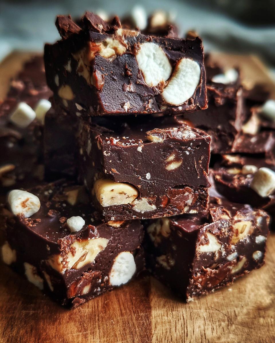 Close-up of stacked, rich chocolate rocky road fudge loaded with marshmallows and nuts.