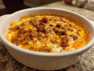 Close-up of a bubbling hot sausage cheese dip, rich with melted orange cheese and browned sausage crumbles.