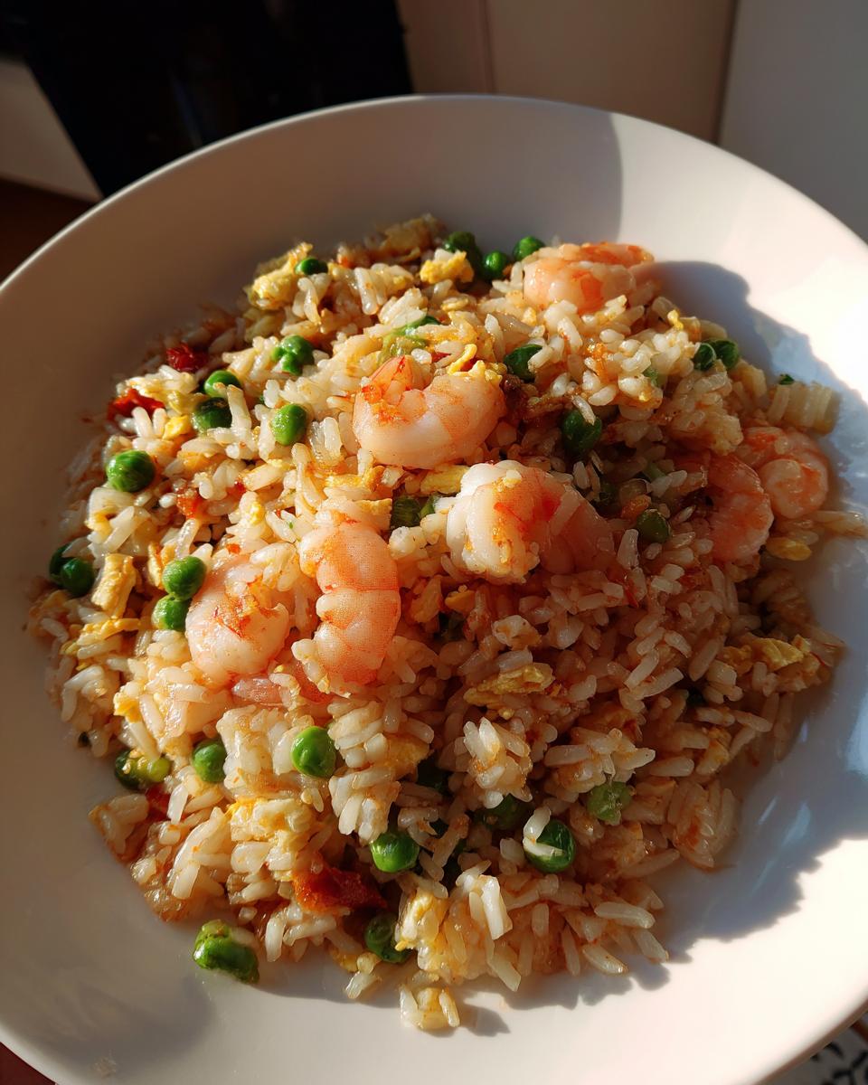 A close-up, sunlit view of a white bowl filled with amazing shrimp fried rice, featuring pink shrimp, green peas, and scrambled egg.