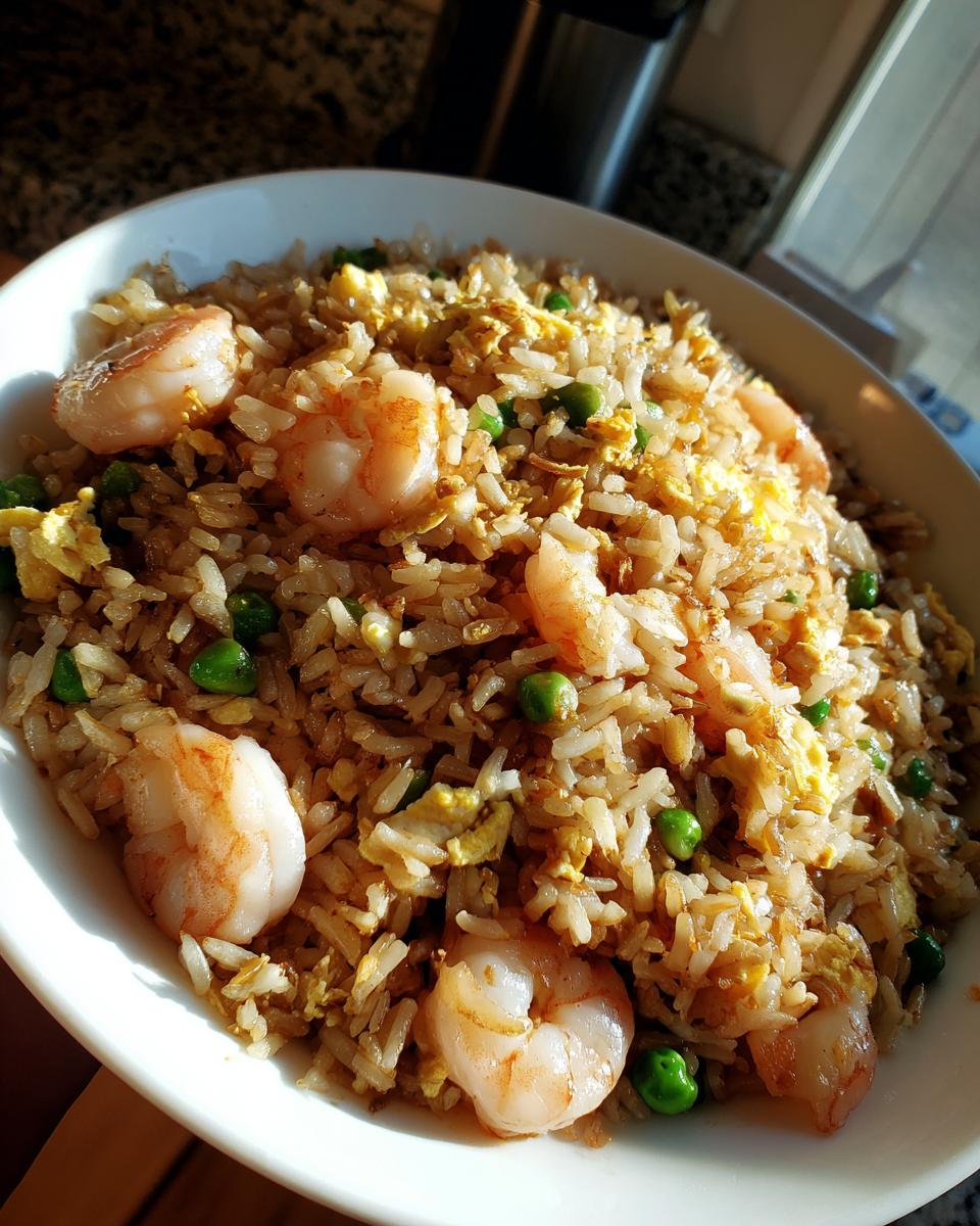 Close-up of a white bowl filled with flavorful shrimp fried rice, featuring plump shrimp, green peas, and scrambled egg.