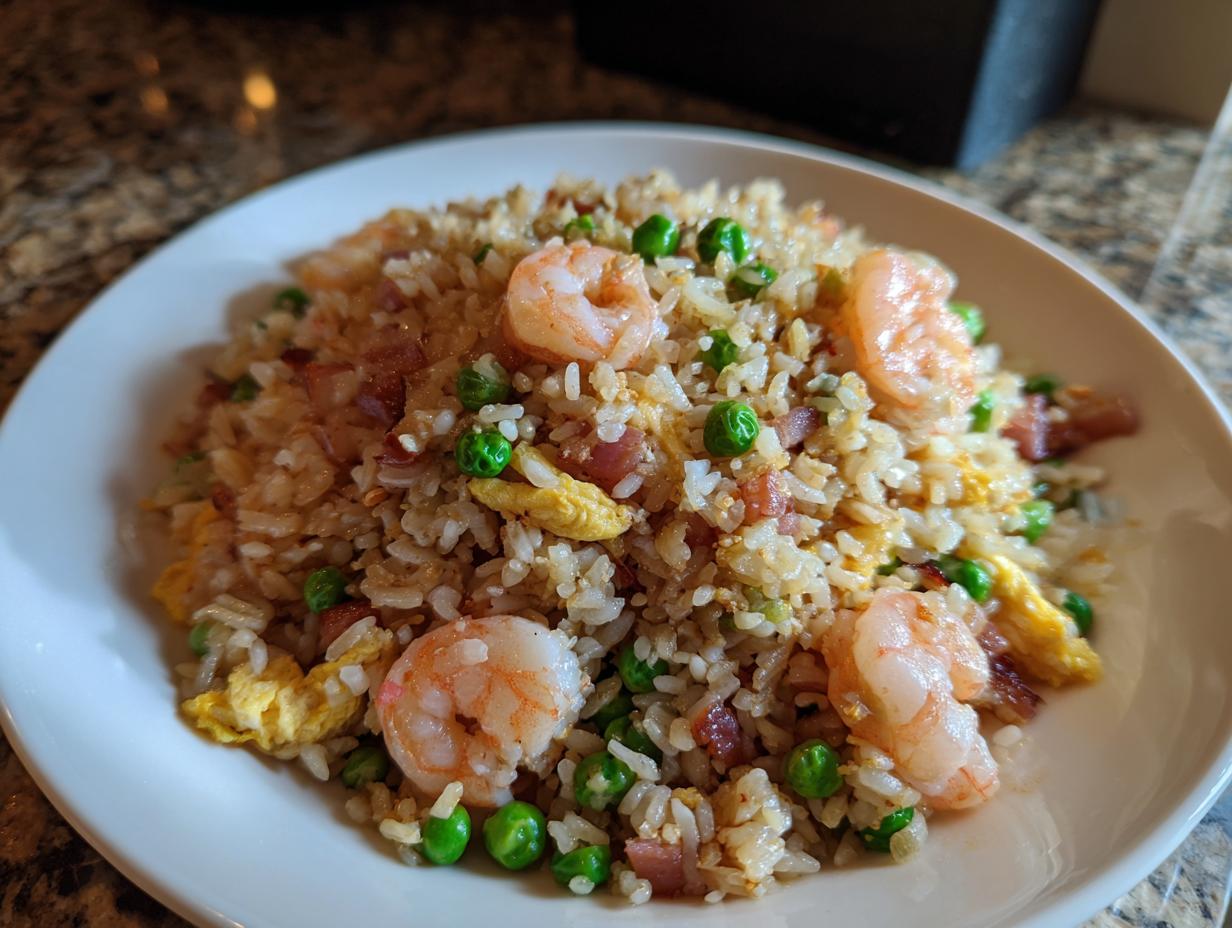 Close-up of delicious shrimp fried rice featuring plump shrimp, green peas, egg, and diced ham on a white plate.