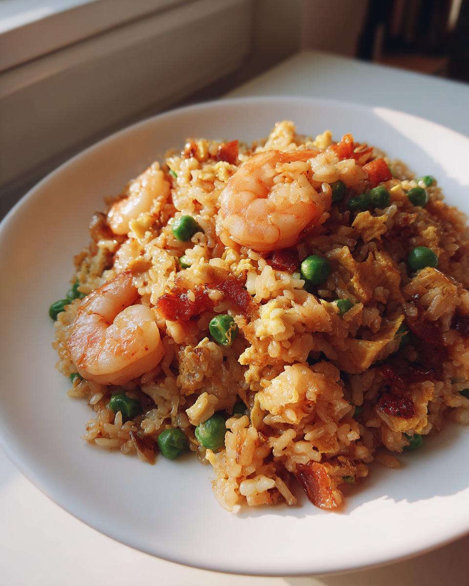 Close-up of delicious shrimp fried rice with visible shrimp, peas, and scrambled egg on a white plate.