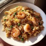 Close-up of a plate of amazing shrimp fried rice mixed with scrambled egg pieces and bright green peas.