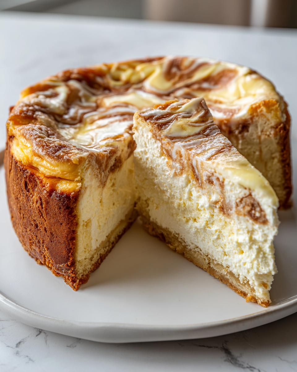 A slice of baked sugar cookie cheesecake with a marbled top, sitting next to the rest of the sugar cookie cheesecake.