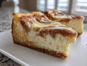 Close-up of a rich slice of sugar cookie cheesecake featuring a creamy white filling swirled with brown topping on a graham cracker crust.