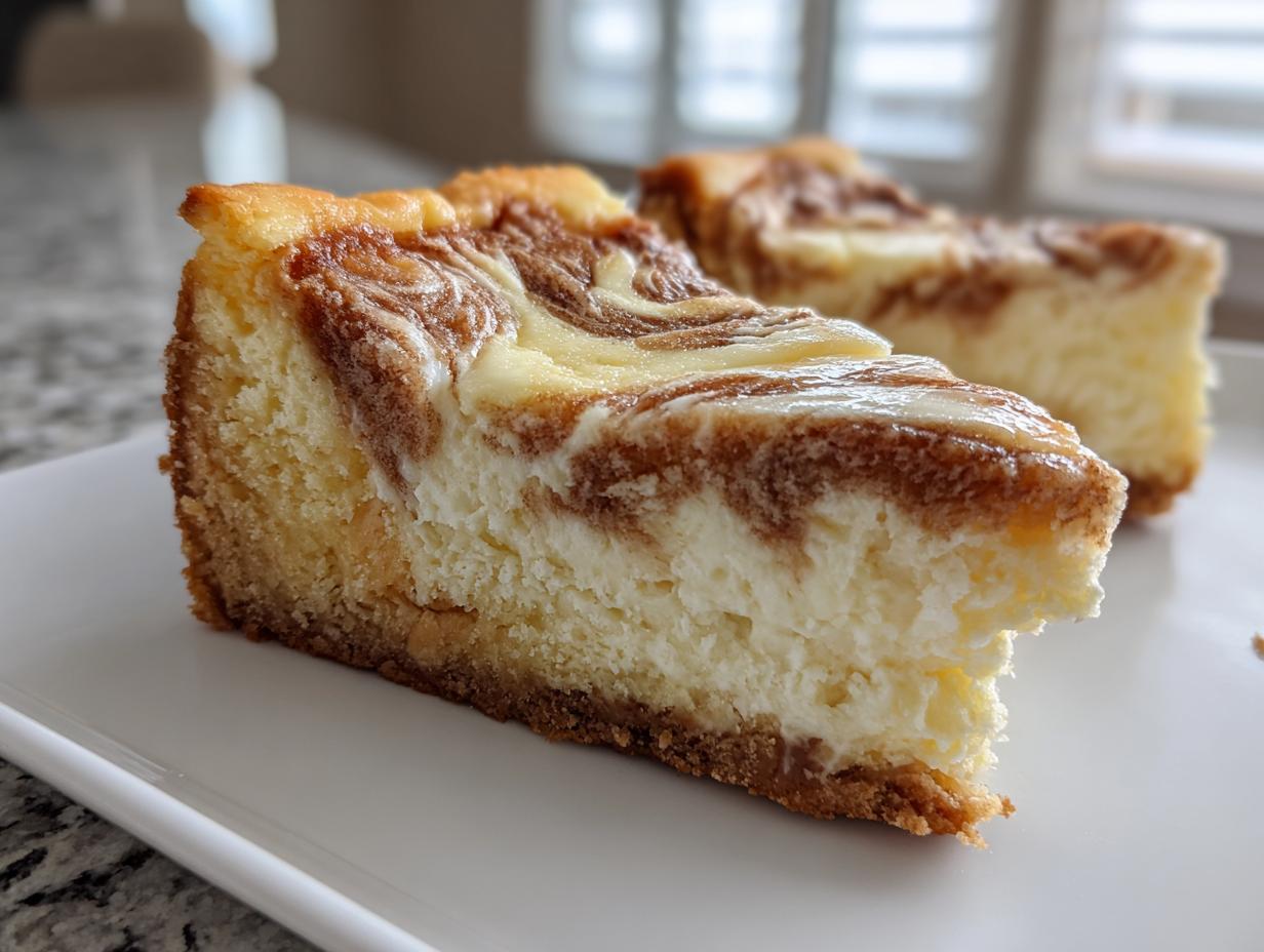 Close-up of a rich slice of sugar cookie cheesecake featuring a creamy white filling swirled with brown topping on a graham cracker crust.