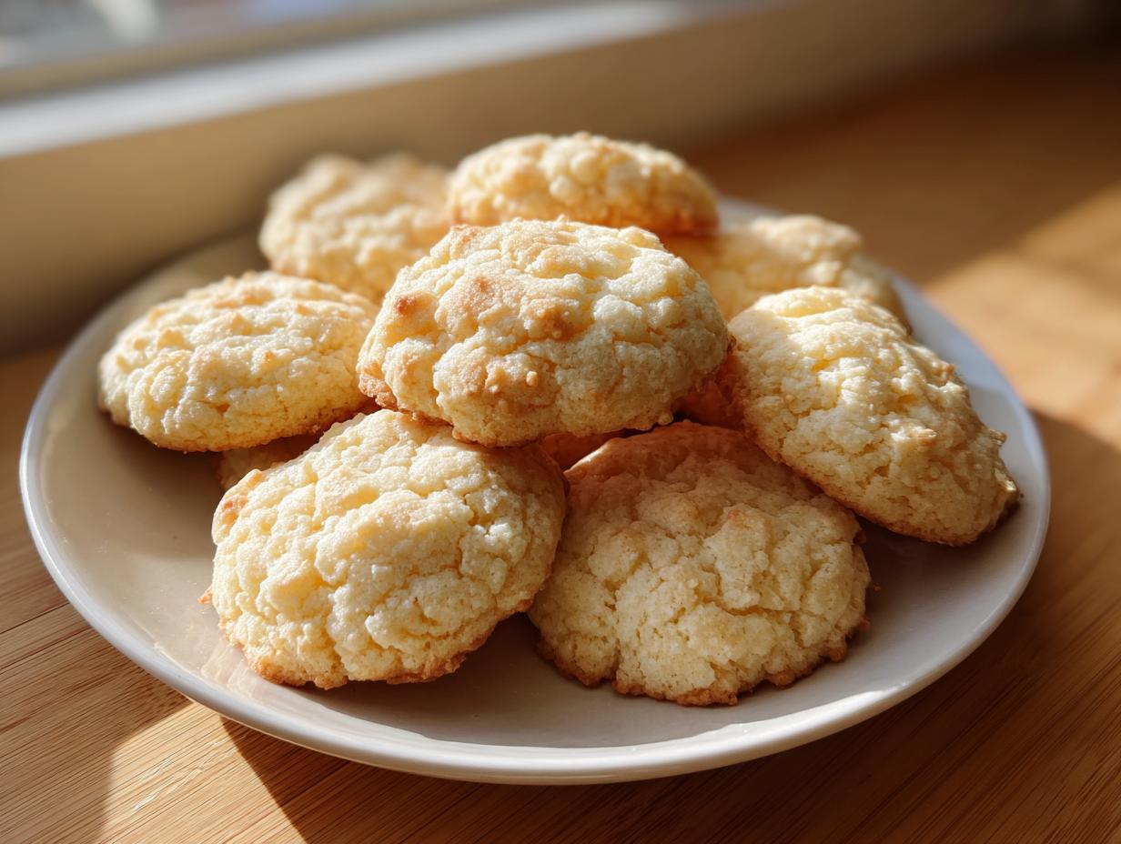 A plate piled high with freshly baked, slightly craggy sugar cookies catching the bright sunlight.