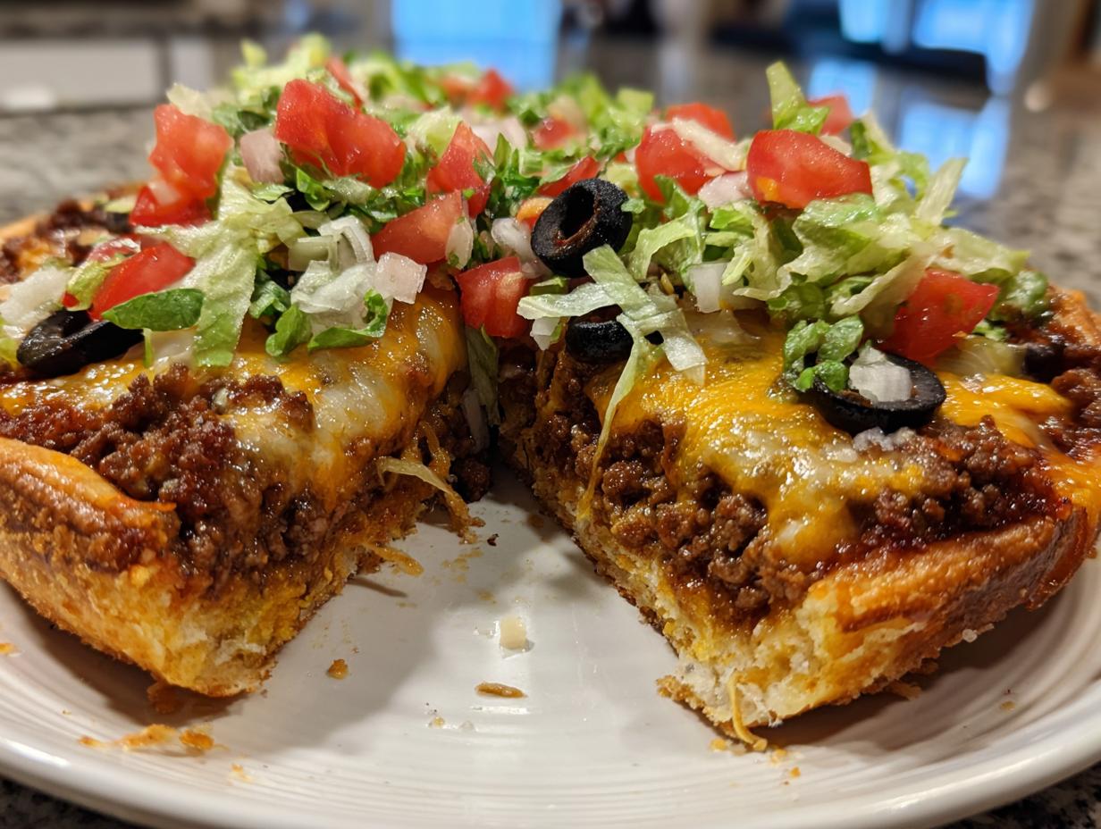 A thick slice of taco pizza cut in half, showing layers of crust, seasoned beef, melted cheese, and fresh toppings.