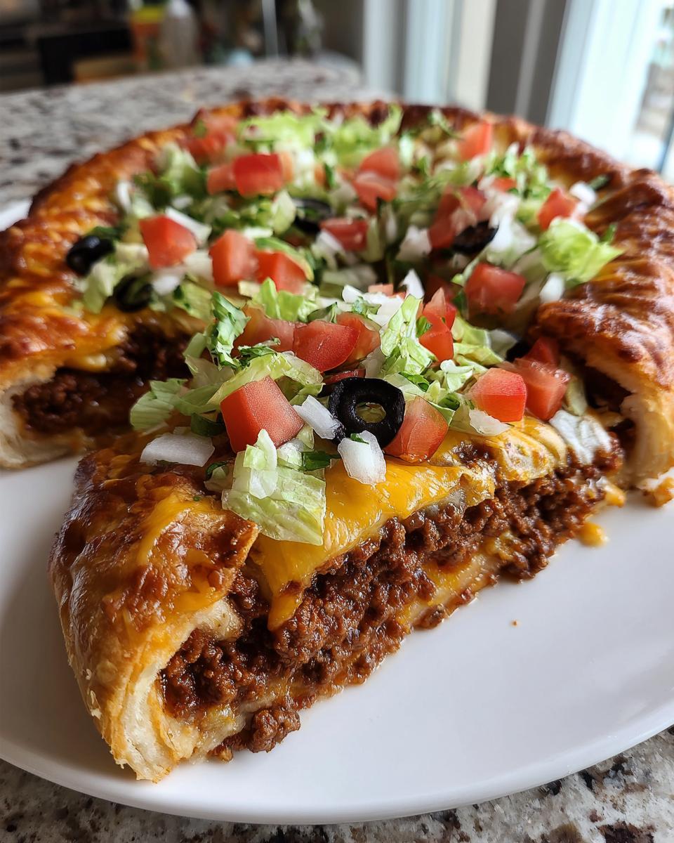 A thick slice of taco pizza showing seasoned meat, melted cheese, lettuce, tomatoes, and olives.