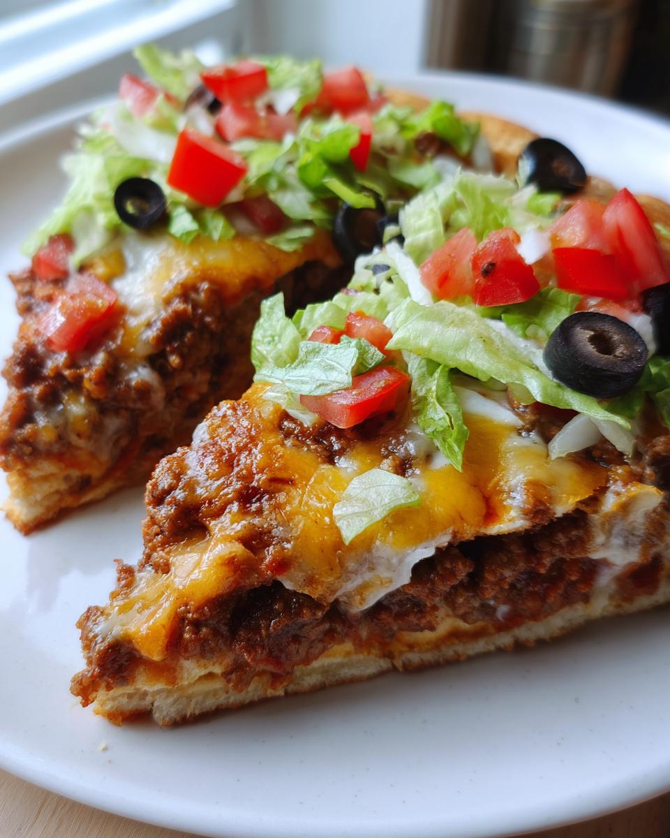 Close-up of two thick slices of taco pizza loaded with seasoned beef, melted cheese, lettuce, tomatoes, and olives.