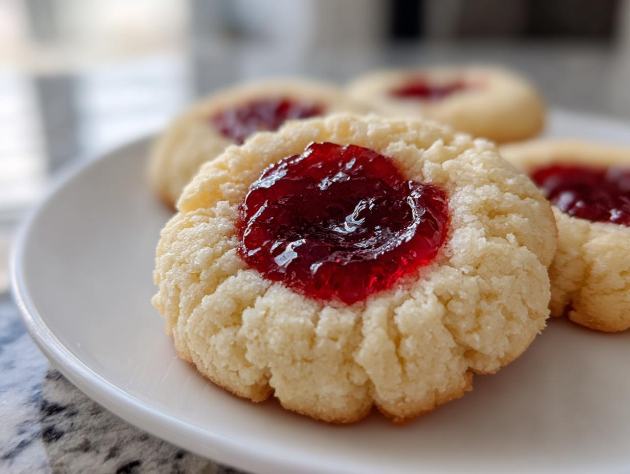 Close-up of a freshly baked thumbprint cookie with a bright red jam center resting on a white plate.