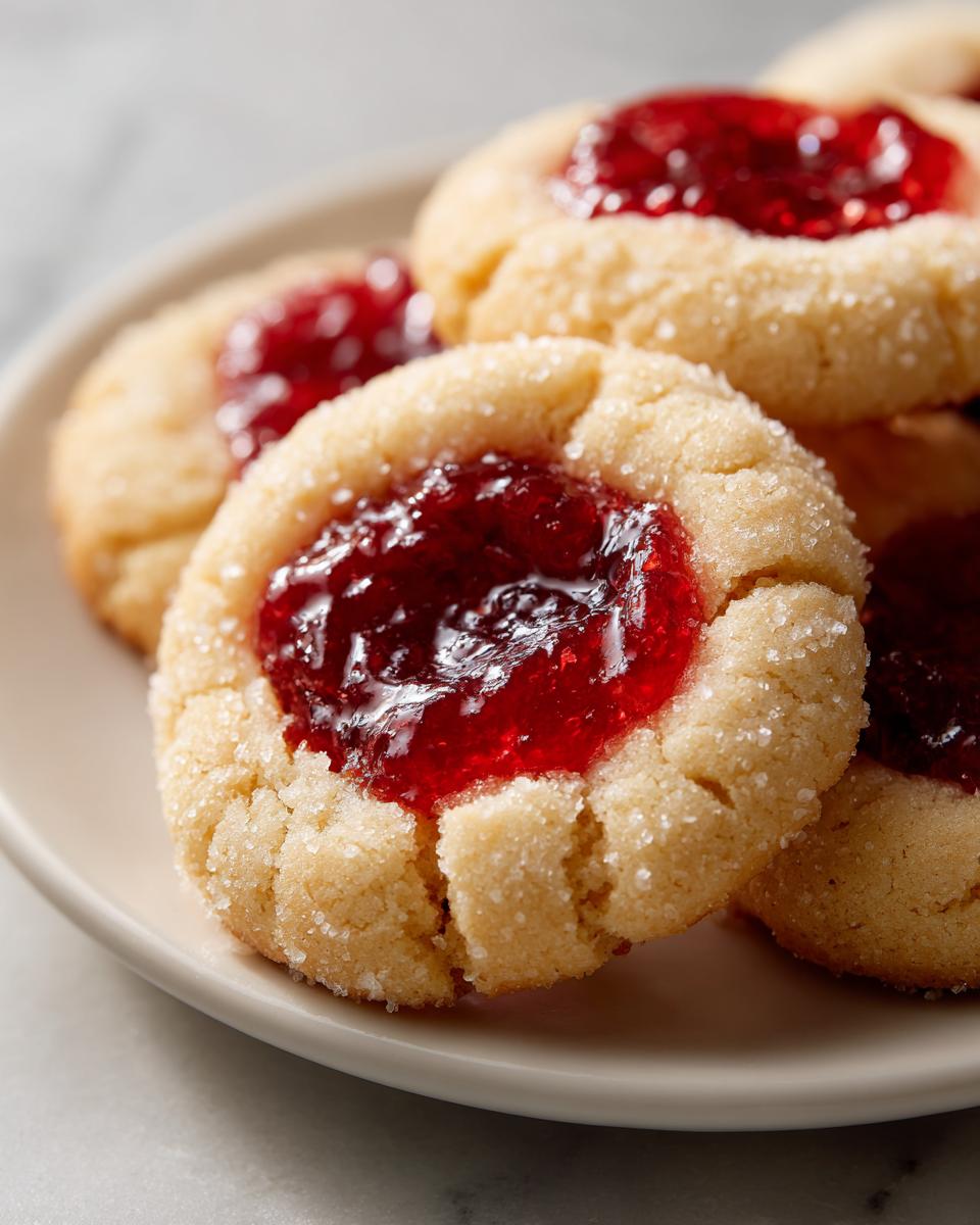 Close-up of several buttery thumbprint cookies rolled in sugar and filled with bright red jam.