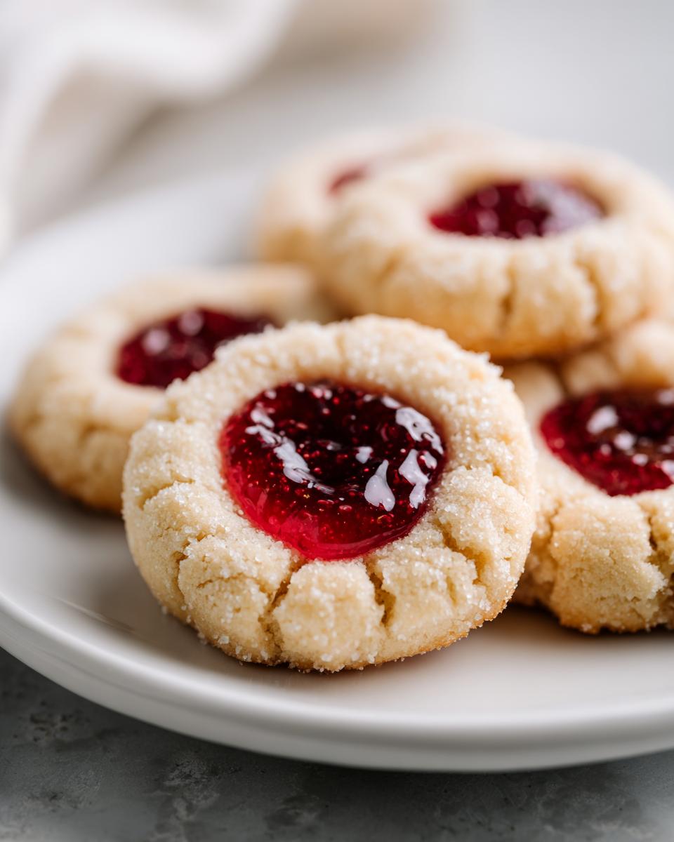Close-up of several buttery thumbprint cookies rolled in sugar and filled with bright red raspberry jam.