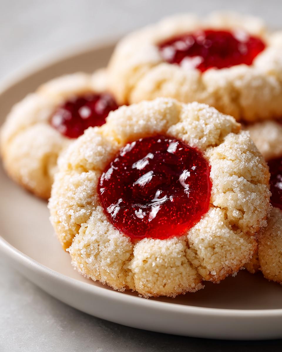 Close-up shot of several sugar-coated thumbprint cookies filled with bright red jam on a light plate.