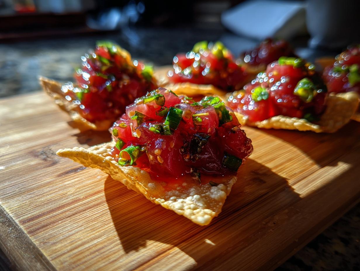 Close-up of fresh tuna tartare served on crispy wonton cups, glistening under bright light.