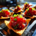 Close-up of vibrant red tuna tartare served in crispy wonton cups, garnished with green onions and sesame seeds.