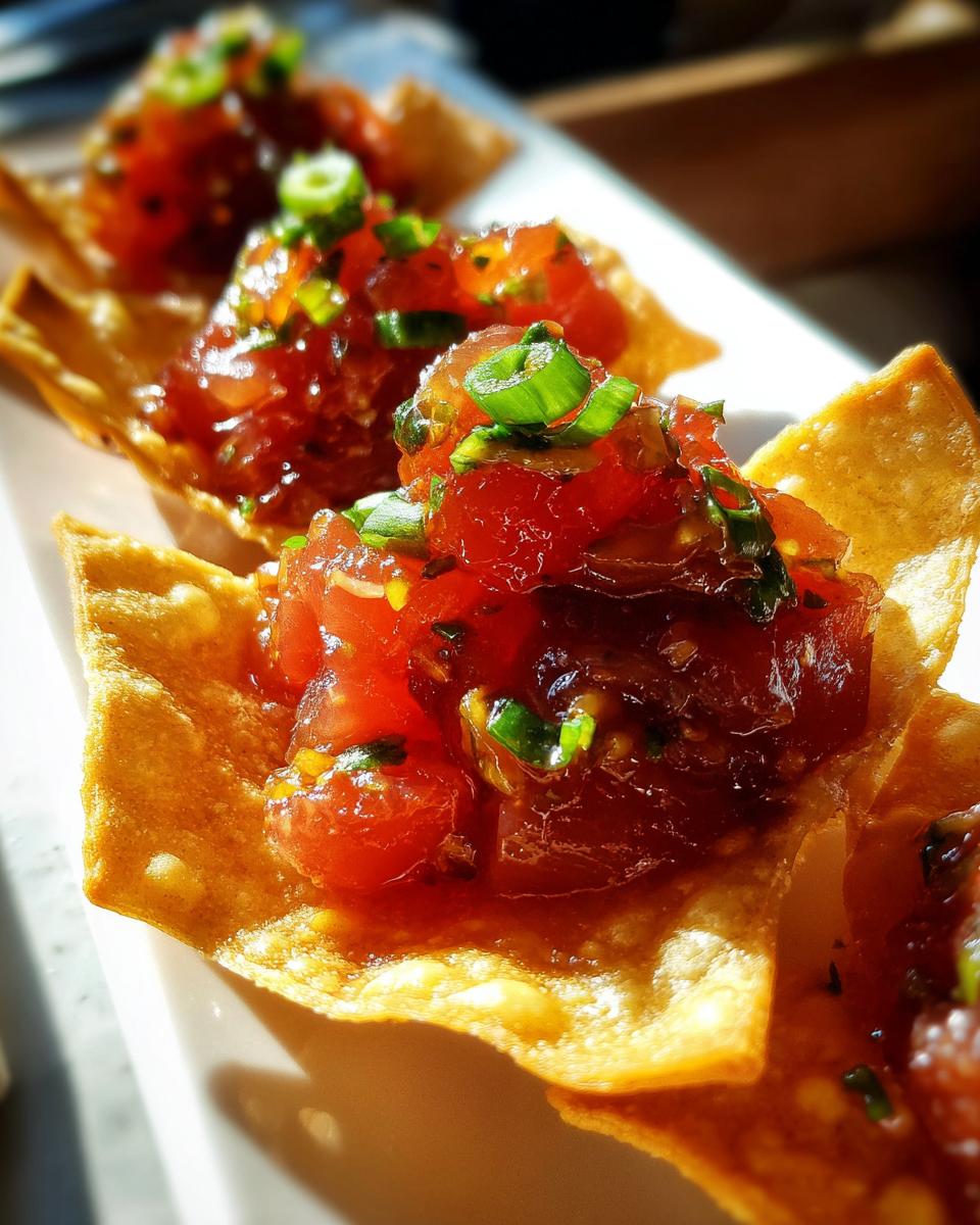 Close-up of vibrant tuna tartare served in crispy wonton cups, garnished with sliced green onions.