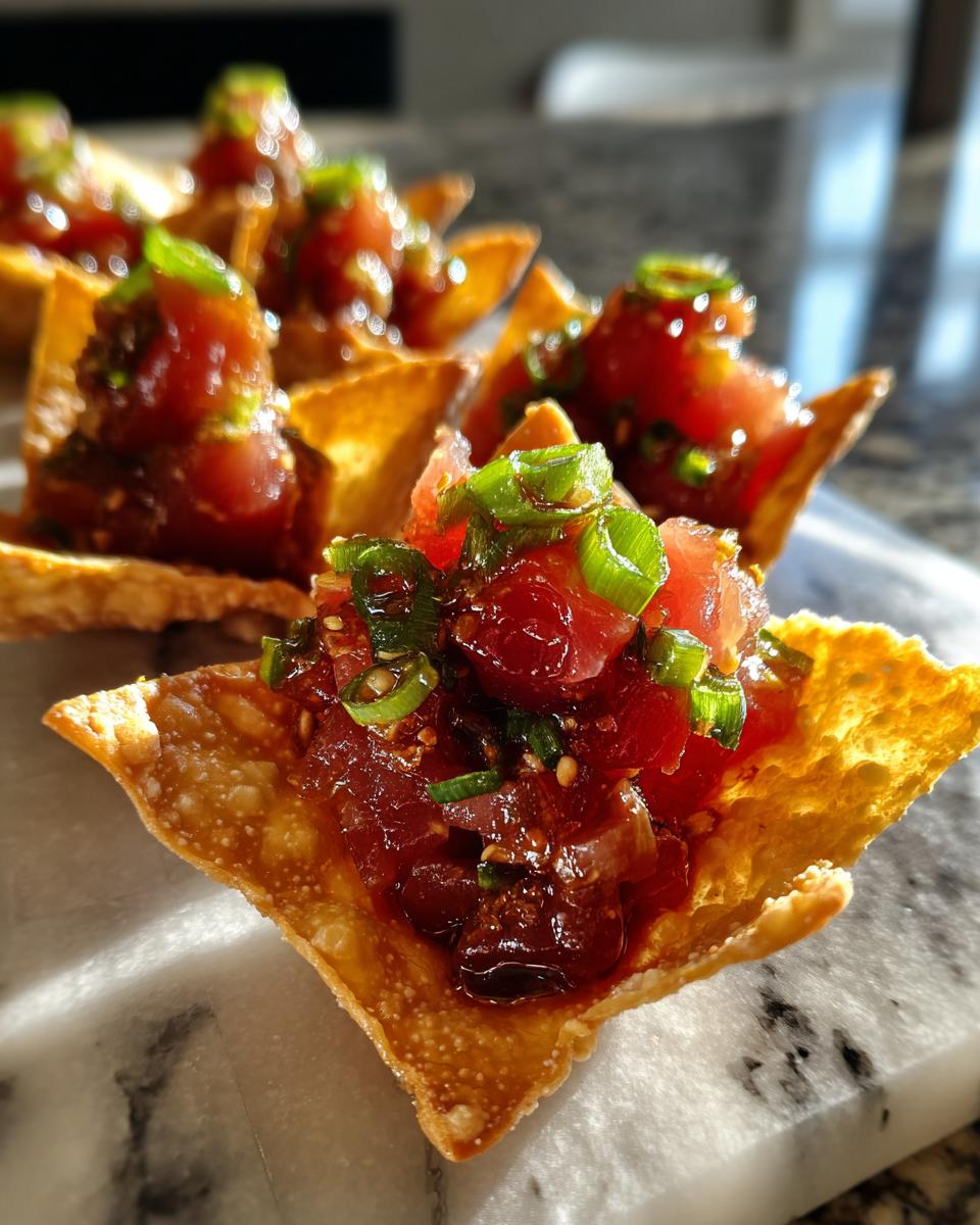 Close-up of tuna tartare served in crispy wonton cups, garnished with green onions.