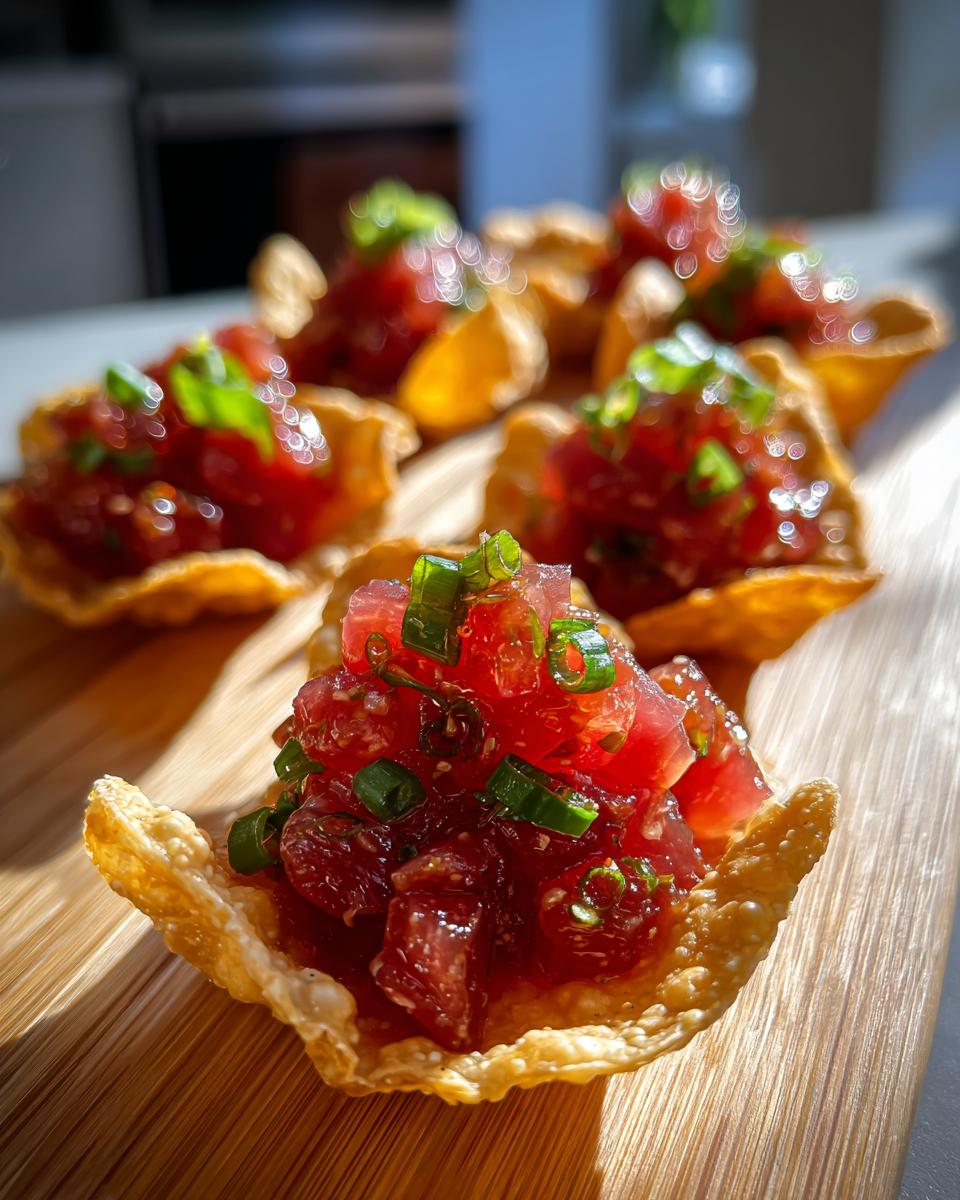 Close-up of fresh tuna tartare served in crispy wonton cups, garnished with green onions.