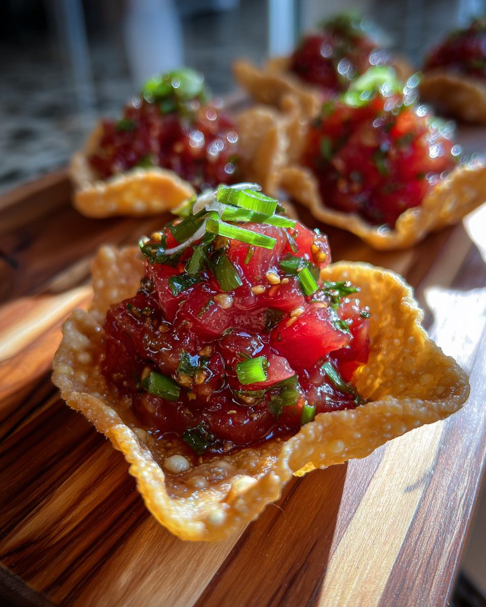 Close-up of vibrant tuna tartare served in a crispy wonton cup, garnished with green onions.