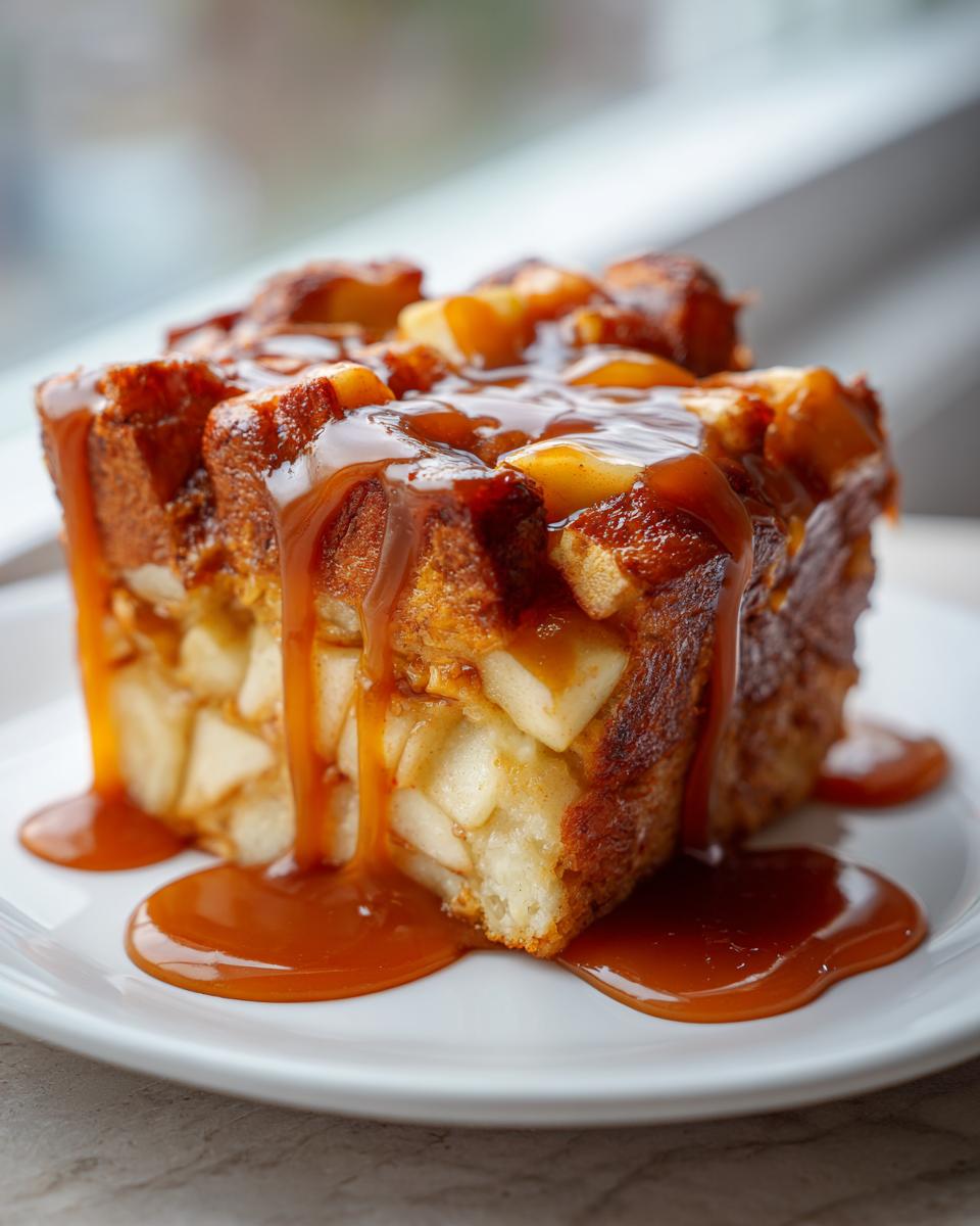 A close-up of a rich slice of apple bread pudding generously covered in dripping caramel sauce.