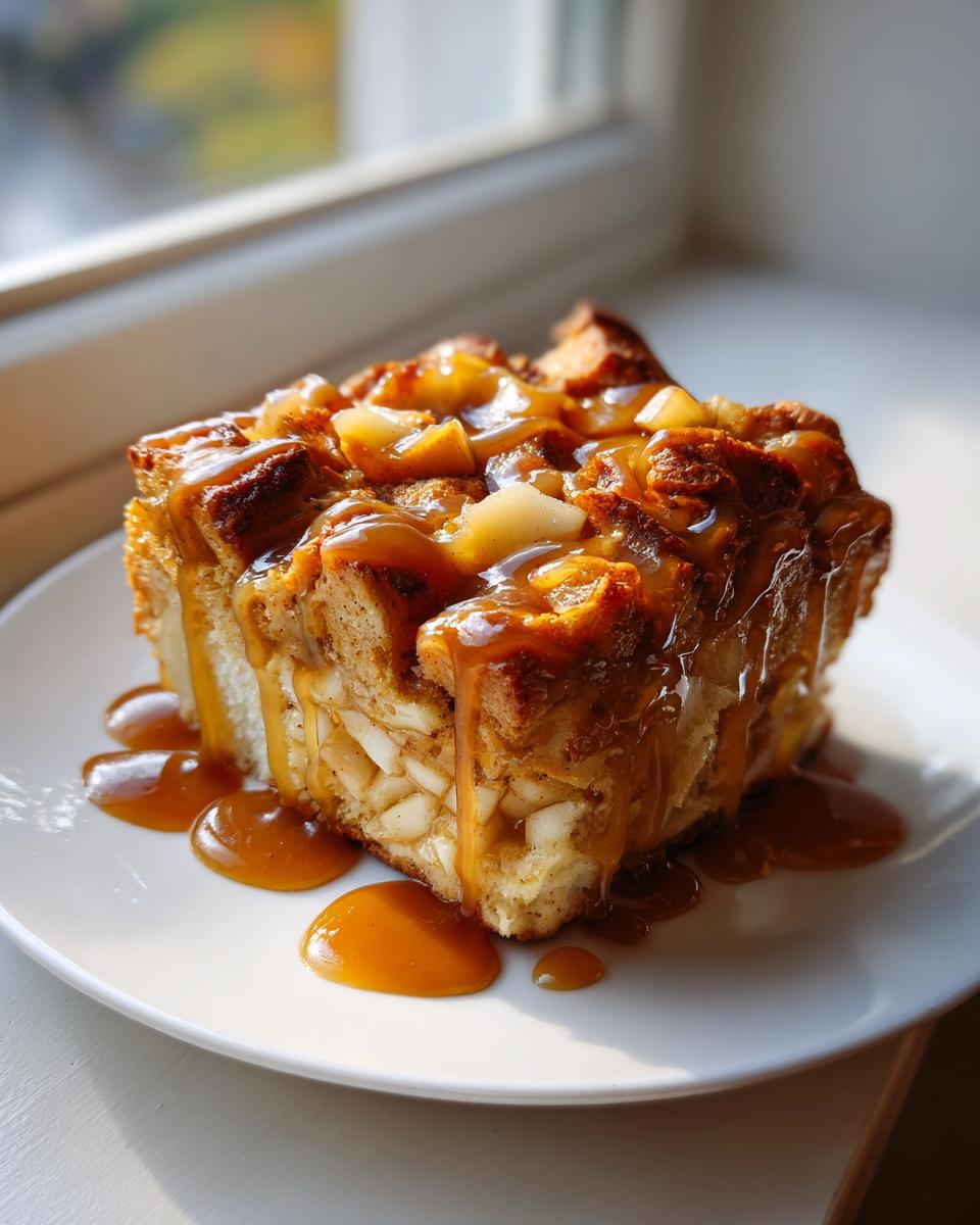 A rich, square slice of apple bread pudding generously topped with caramel sauce, sitting on a white plate.