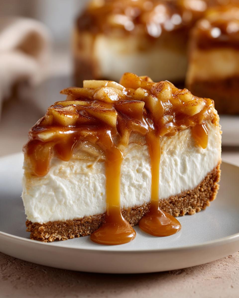 A decadent slice of apple pie cheesecake topped with spiced apples and dripping caramel sauce.
