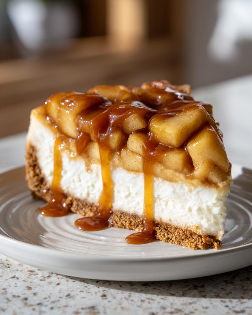 A decadent slice of apple pie cheesecake topped with spiced apples and dripping caramel sauce.