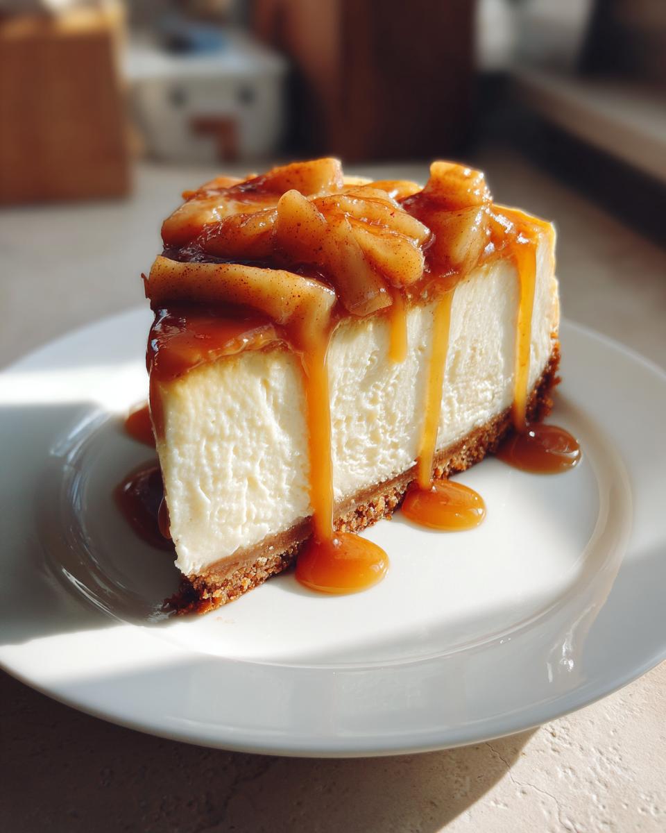 A decadent slice of apple pie cheesecake topped with spiced apples and dripping caramel sauce.