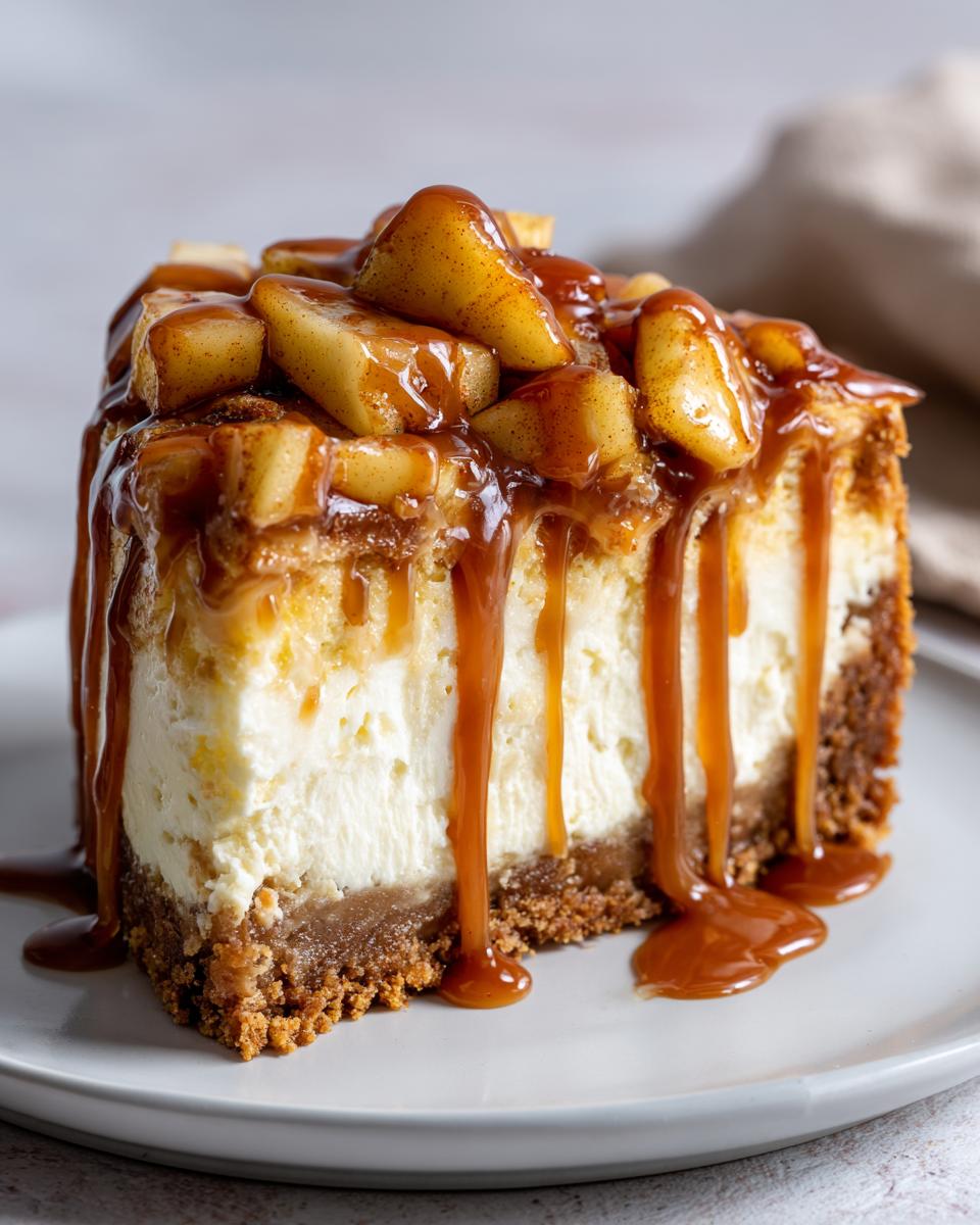 A rich slice of apple pie cheesecake topped with spiced apples and dripping caramel sauce.