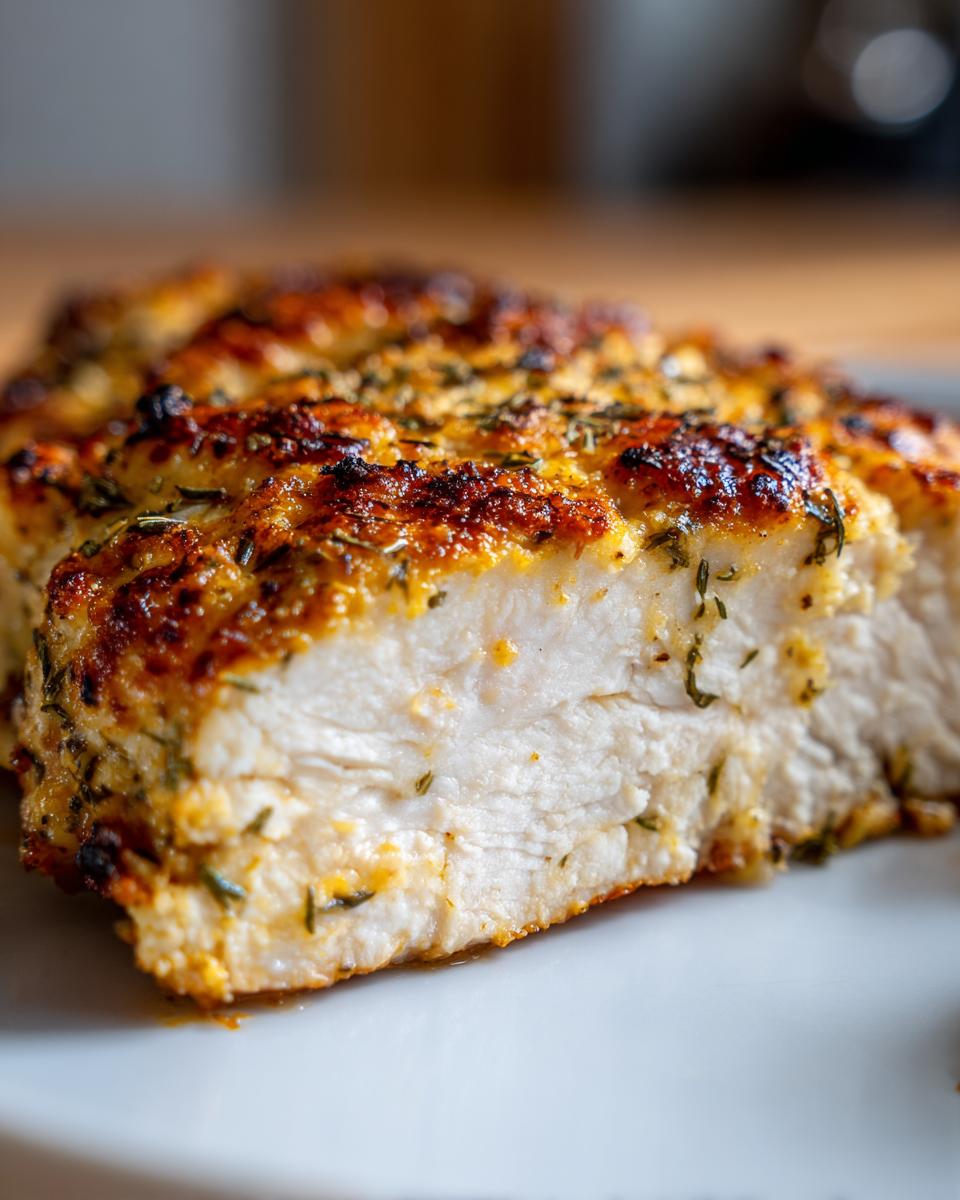 Close-up of perfectly cooked baked ranch chicken breast, showing moist white meat and a golden, herbed crust.