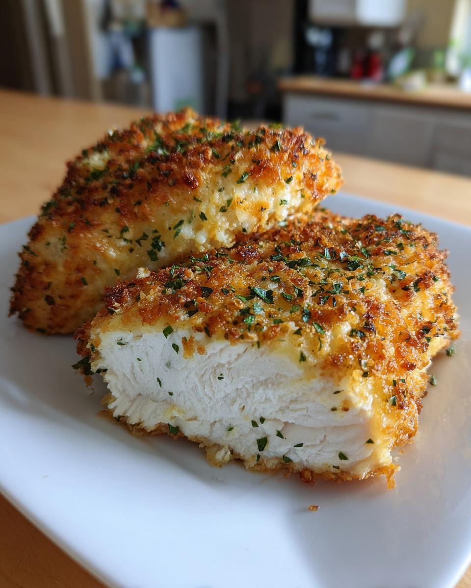 Cross-section of baked ranch chicken showing juicy white meat and crispy, herbed coating.