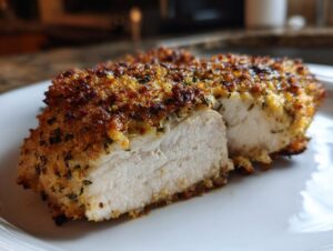 Close-up of baked ranch chicken cut in half showing moist white meat and crispy herb crust.